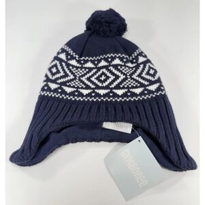 Gymboree Hat Beanie Fitted Youth 6-12 Months Navy White Ear Flap Pom Winter New
